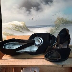 London Fog Black Peep-Toe Slingback Heels, Euro 39, US 8, UK 5.5